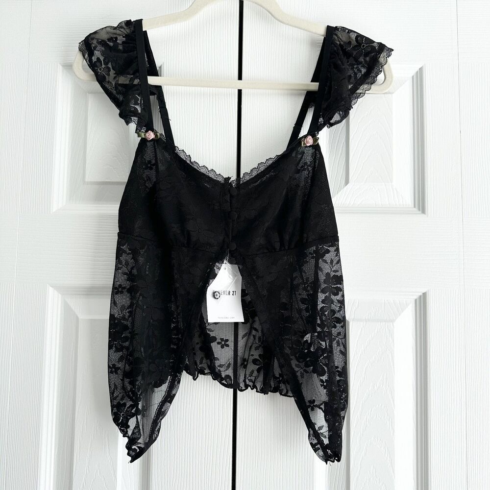 NWT Forever 21 Black Lace Cami Cottagecore Fairycore Asymmetrical Hem S